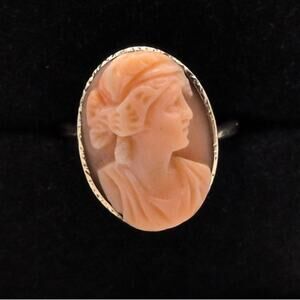 Antique Vintage 14k Yellow Gold Carved Coral Bezel Cameo Ring Size 5.5 3.7g